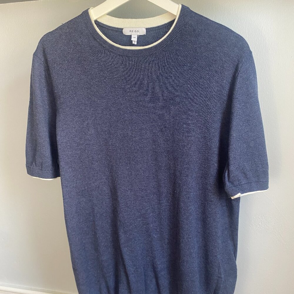 REISS BLUE WHITE TRIM KNIT SHORT SLEEVE SHIRT